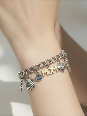 Mom Silver Tone
Charm Bracelet With Locket, Basket,
"Mom" Star, Blue
Stone